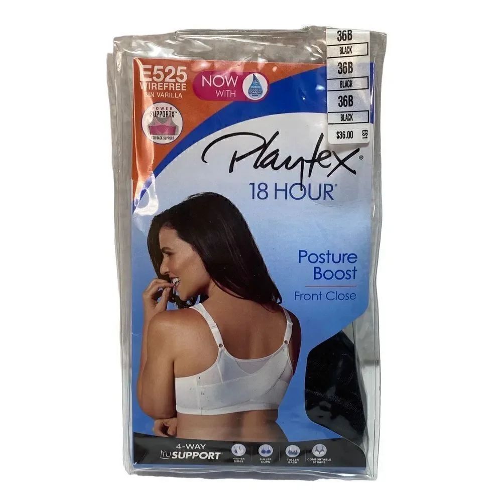 Playtex Women's 18 Hour 36B BLACK Front Close Wirefree Back Support Posture Full